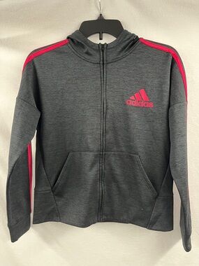 adidas Kids Dark Gray Zip-Up Hoodie with Pink Stripes